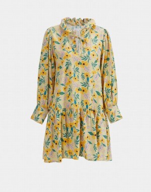 Urban Revivo Floral Print Knot Front Ruffle Hem Women's Casual Dress Yellow | YGPOIBT-93