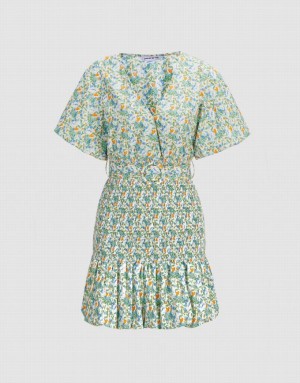 Urban Revivo Floral Print Shirred Belted Women's Casual Dress Green | IEALQCX-40