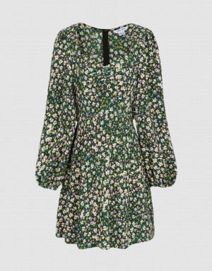 Urban Revivo Floral Print Sweetheart Long Sleeve Women's Casual Dress Green | TNOVKFX-02