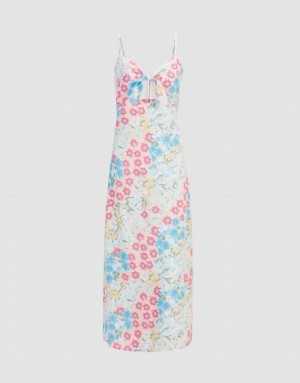 Urban Revivo Floral Print Tie Front Cut Out Cami Women's Dress Blue | OIRVGZK-84