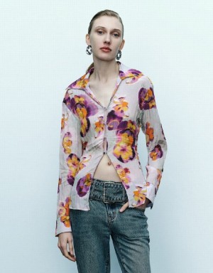 Urban Revivo Flower Printed Women's Shirts Blue | OEGZBHP-86