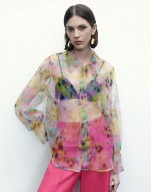 Urban Revivo Flowers Printed Sheer Overhead Women's Blouse Multicolor | JUFGTZA-73