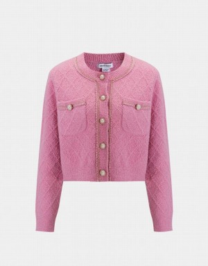 Urban Revivo Fluffy Contrast Trim Faux Pearl Button Women's Cardigan Pink | LCSFIXU-05