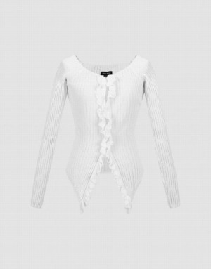 Urban Revivo Frill Trim Knitted Women's Cardigan White | FCYKLAG-01