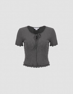 Urban Revivo Frill Trim Tie Front Knitted Women's T-Shirts Grey | JVPWOQR-18