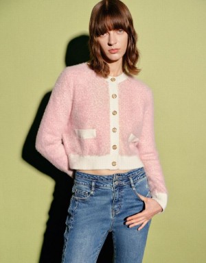 Urban Revivo Furry Crew Neck Knitted Women's Cardigan Pink | LUZONJF-43