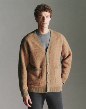 Urban Revivo Furry Knitted Men's Cardigan Brown | TICDEBF-46