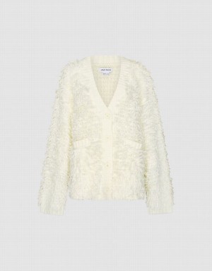 Urban Revivo Furry V-Neck Knitted Women's Cardigan White | WTQBZHE-86