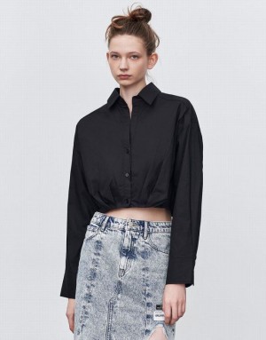 Urban Revivo Gathered Waist Cropped Cotton Women's Shirts Black | CYOHSIF-50