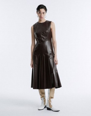 Urban Revivo Gathered Waist Faux Leather Women's Casual Dress Brown | KGBDMXC-85