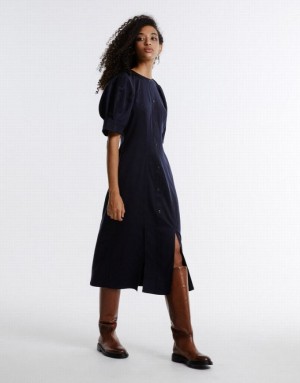 Urban Revivo Gathered Waist Puff Sleeve Women's Casual Dress Blue | KFMHWLG-52