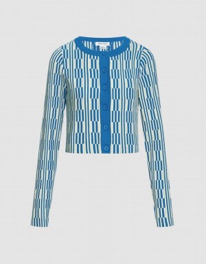 Urban Revivo Geo Pattern Button Up Women's Cardigan Blue | WERVIOA-51