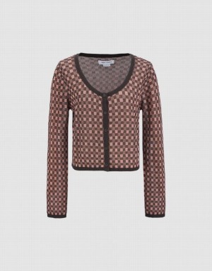 Urban Revivo Gingham U Neck Knitted Women's Cardigan Brown | HZPQCTB-01