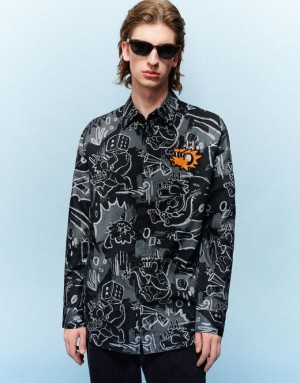 Urban Revivo Graffiti Printed Button Up Loose Men's Shirts Black | DQHWPAF-02