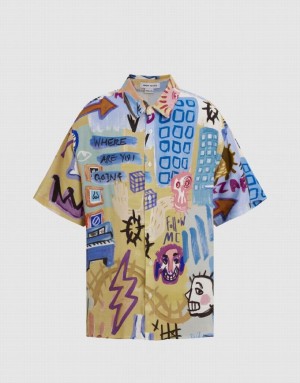 Urban Revivo Graffiti Printed Loose Men's Shirts Multicolor | WHAMPTQ-87