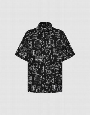 Urban Revivo Graffiti Printed Oversized Men's Shirts Black | YLMJGUC-79