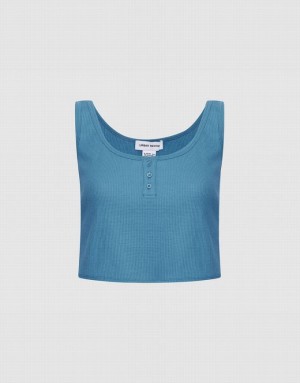 Urban Revivo Half Button Ribbed Knit Women's Tank Top Blue | ACUMGEZ-98