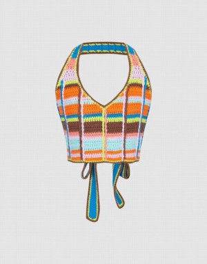 Urban Revivo Halter Neck Crochet Striped Women's Cardigan Multicolor | SIQBVGK-58