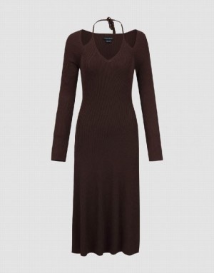 Urban Revivo Halter Neck Skinny A-Line Women's Knitted Dress Brown | NVPMERU-05