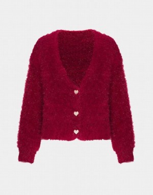 Urban Revivo Heart Button Fluffy Women's Cardigan Red | GTIHKFU-97