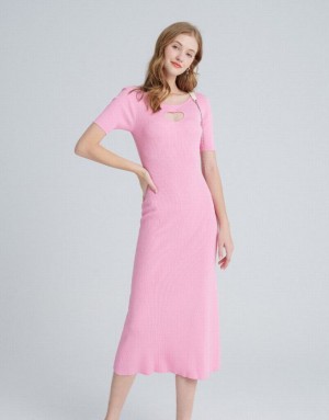 Urban Revivo Heart Cut Out Ribbed Women's Knitted Dress Pink | ODZVHNW-06