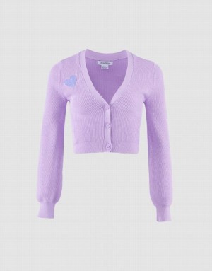 Urban Revivo Heart Embroidery Ribbed Knit Women's Cardigan Purple | IBVPSDF-60