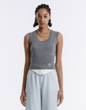 Urban Revivo Heart Embroidery Women's Tank Top Grey | BTUYQGC-05