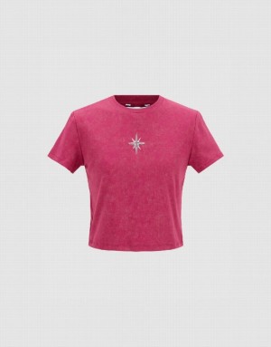 Urban Revivo Hexagram Printed Crew Neck Skinny Women's T-Shirts Pink | GVMSHAT-73