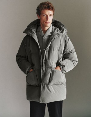 Urban Revivo Hooded A-Line Men's Down Jackets Grey | USBGDOV-74