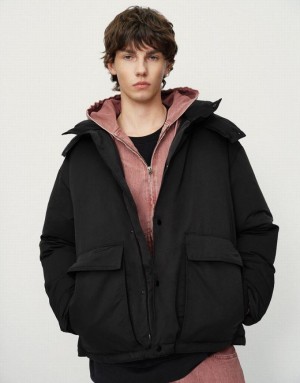 Urban Revivo Hooded Stand Collar Men's Down Jackets Black | VFJIYUX-84