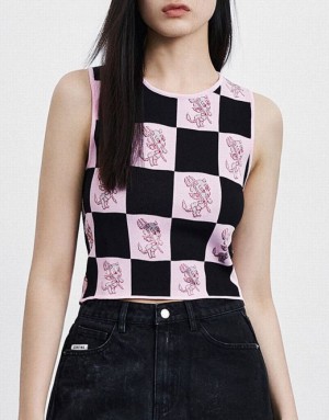 Urban Revivo Hot Stuff Checkered Knitted Women's Tank Top Pink / Black | VNSTFIA-17