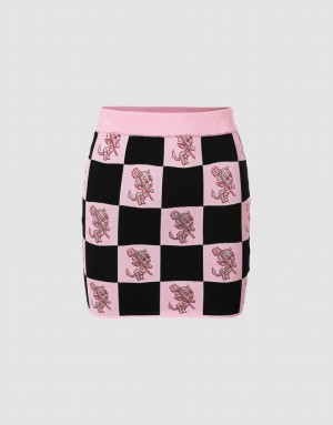 Urban Revivo Hot Stuff Checkered Knitted Women's Skirts Pink | HEKJCMP-46