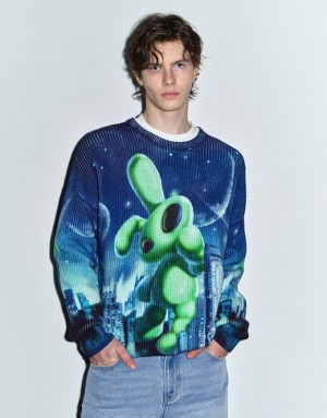 Urban Revivo Interstellar Bunny Printed Knitted Men's Cardigan Multicolor | UBKOHDC-06