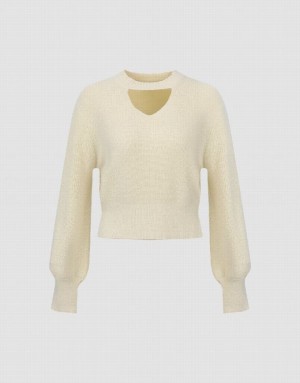 Urban Revivo Keyhole Neck Knitted Women's Cardigan White | OGDRJBP-37