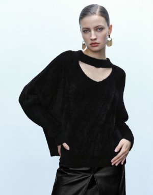 Urban Revivo Keyhole Neck Knitted Women's Cardigan Black | DCGVSBH-31