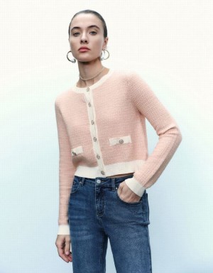 Urban Revivo Knitted With Faux Pearl Buttons Women's Cardigan Pink | IJCDVEN-10