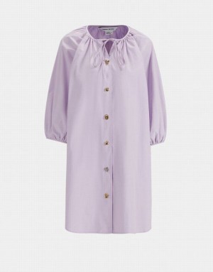 Urban Revivo Knot Front Button Up Crew Neck Women's Casual Dress Purple | WNFSRVD-74