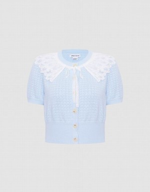 Urban Revivo Lace Collar Pointelle Button Up Women's Cardigan Blue | MJQUKSH-35