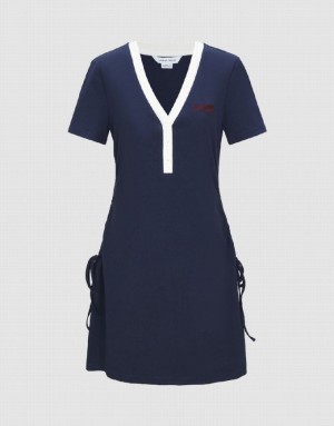 Urban Revivo Lace Up Side A-Line Women's Dress Blue | ZPFAVJT-34