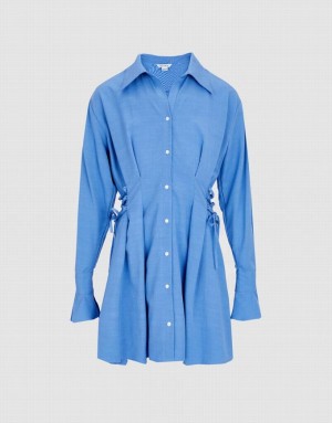 Urban Revivo Lace Up Side Women's Shirt Dress Blue | OAXULKE-96