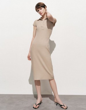 Urban Revivo Lapel Skinny Women's Dress Khaki | QICDHZG-04