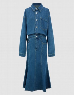 Urban Revivo Lapel Women's Denim Dress Blue | VWYBMRP-17