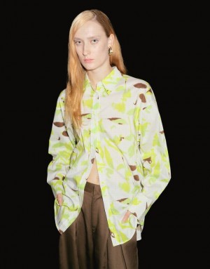 Urban Revivo Leaf Print Button Up Women's Shirts Green | XSIYQTL-12