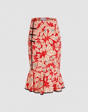 Urban Revivo Leaves Print Frog Button Fishtail Women's Skirts Red | QTLDVXA-34