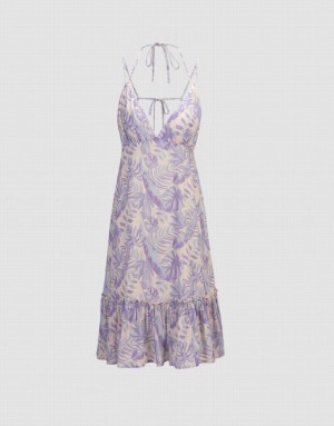 Urban Revivo Leaves Print Ruffle Hem Cami Women's Dress Purple | LNPSFEJ-65