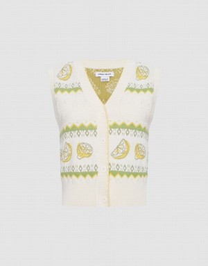 Urban Revivo Lemon Print Button Front Knitted Women's Sweater Vest White / Green | GTSVCOF-86