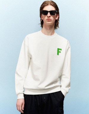 Urban Revivo Letter Embossed Crew Neck Men's Sweatshirts White | LAXTSQJ-54