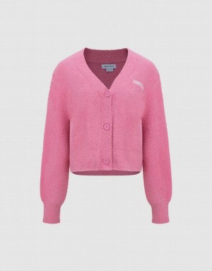 Urban Revivo Letter Embroidered V-Neck Knitted Women's Cardigan Pink | HJIBMZA-19