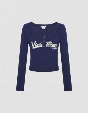 Urban Revivo Letter Print With Press Buttons Women's T-Shirts Navy | EUDARWN-21