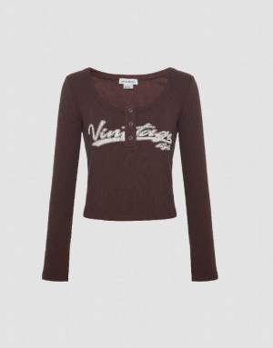 Urban Revivo Letter Print With Press Buttons Women's T-Shirts Brown | KPYSEJL-02